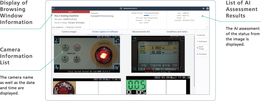 Simple Monitor, Capable of Assessing Status from AI Image Analysis, Supports a Variety of Testing Machines